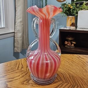 Vintage Mid Century Murano Red Orange Candy Striped Ruffle Blown Glass Vase Arms